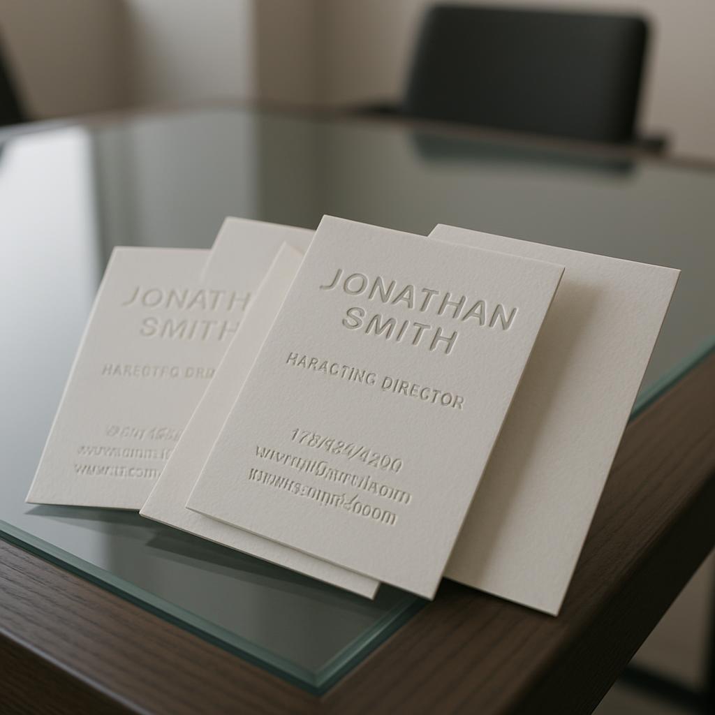 "Business cards stacked on a glass table."