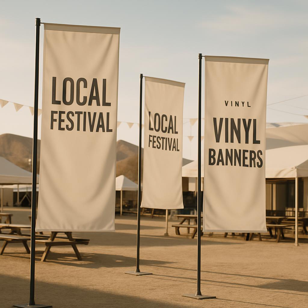 Outdoor event banners with a vintage aesthetic.
