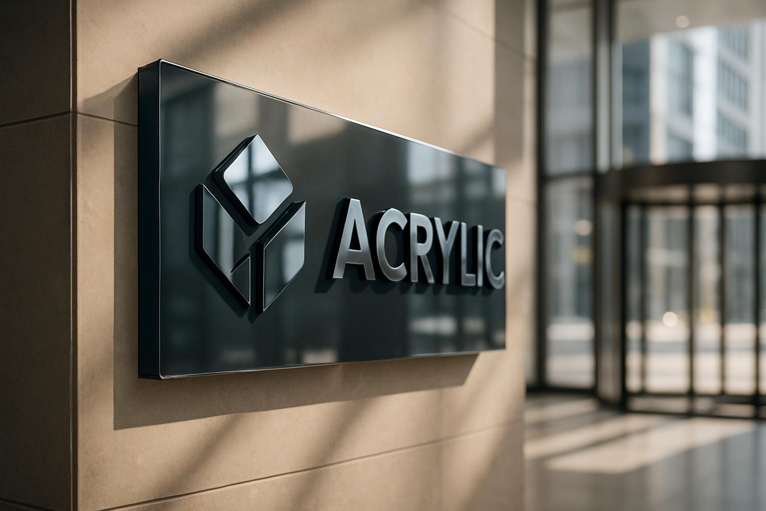 A sign on a tan wall reads "Acrylic" in large silver block letters, with a logo above the word, with a blurred background ...